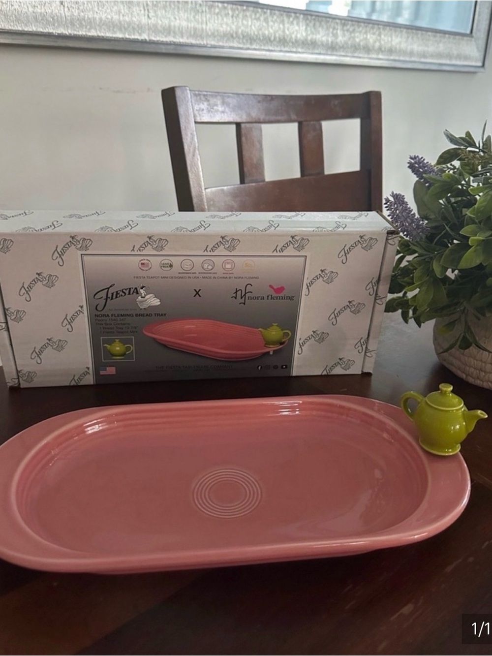 Fiesta Pink Ceramic Bread Tray with Green Teapot Accent